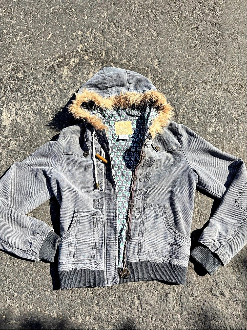 Billabong Y2K flower Lined fur Hooded Utility Full Zip Jacket Women's M Gray